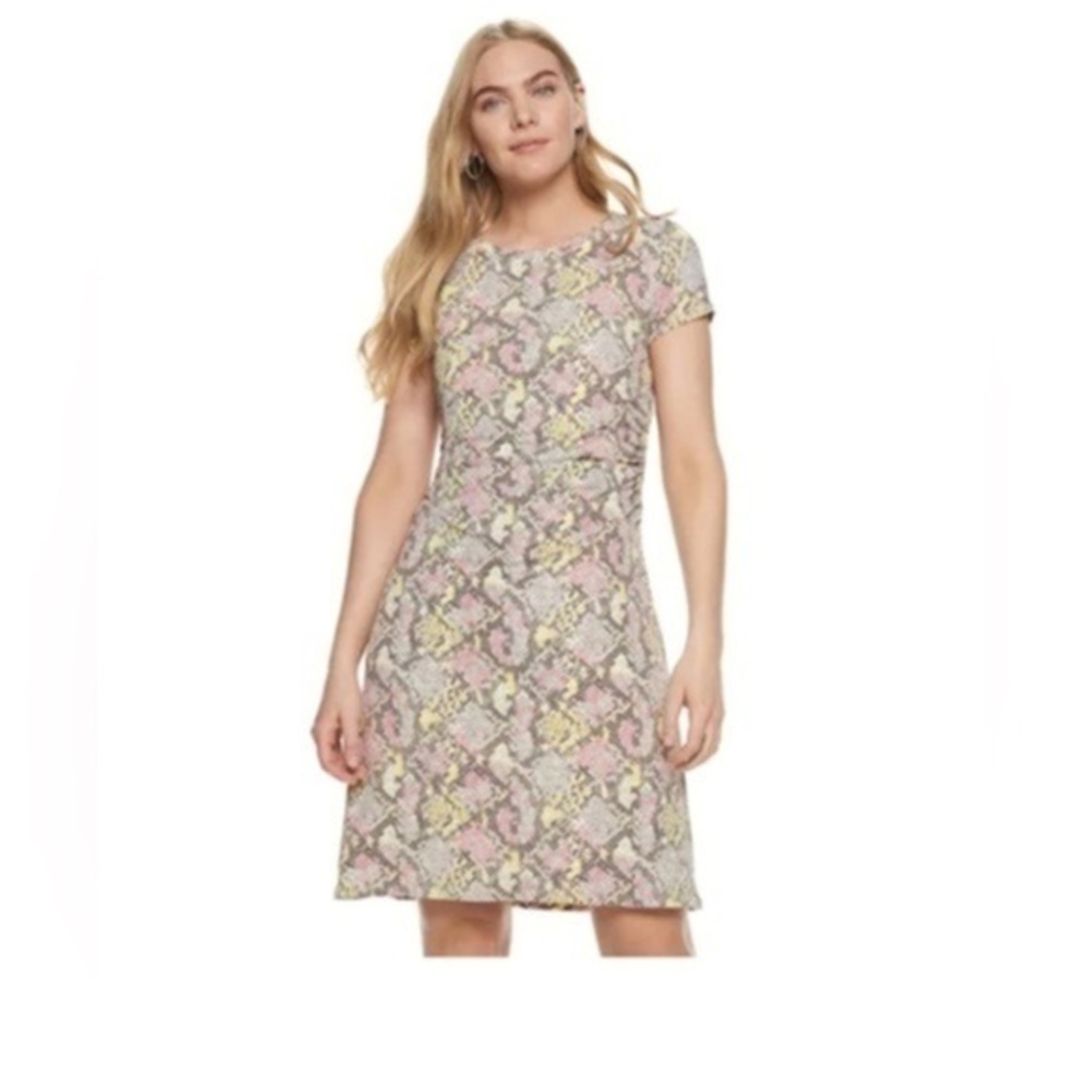 NWT Nine West Womens Large Pastel Snake Print Ruched Jersey Sheath Dress L